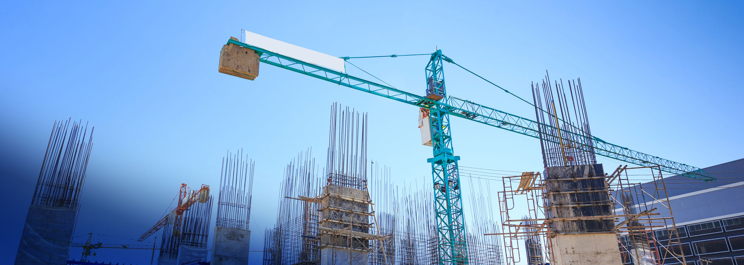 Blue tower crane on construction site