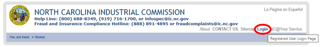 Screen shot of the North Carolina Industrial Commission Website with the "Login" button highlighted.