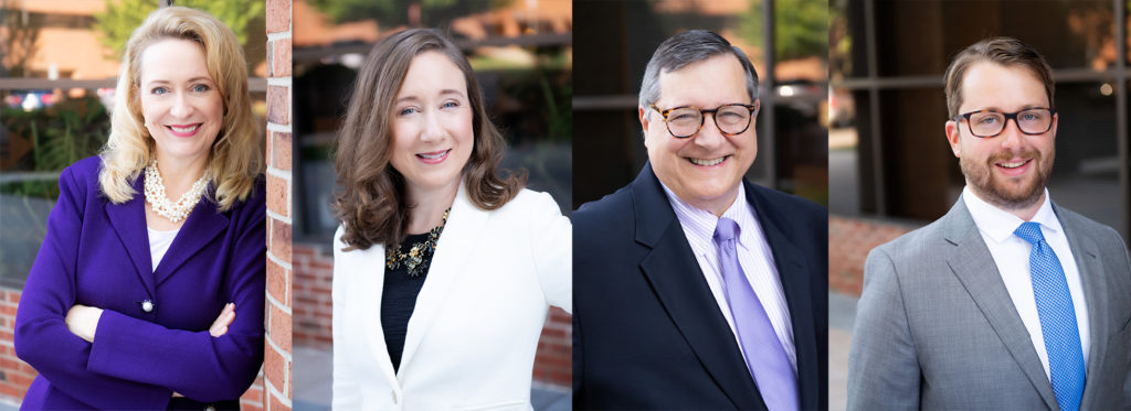 Four headshots of attorneys. Pictured left to right: Anna Baird Choi, Catherine Lee, Jack Nichols, and Grant Simpkins